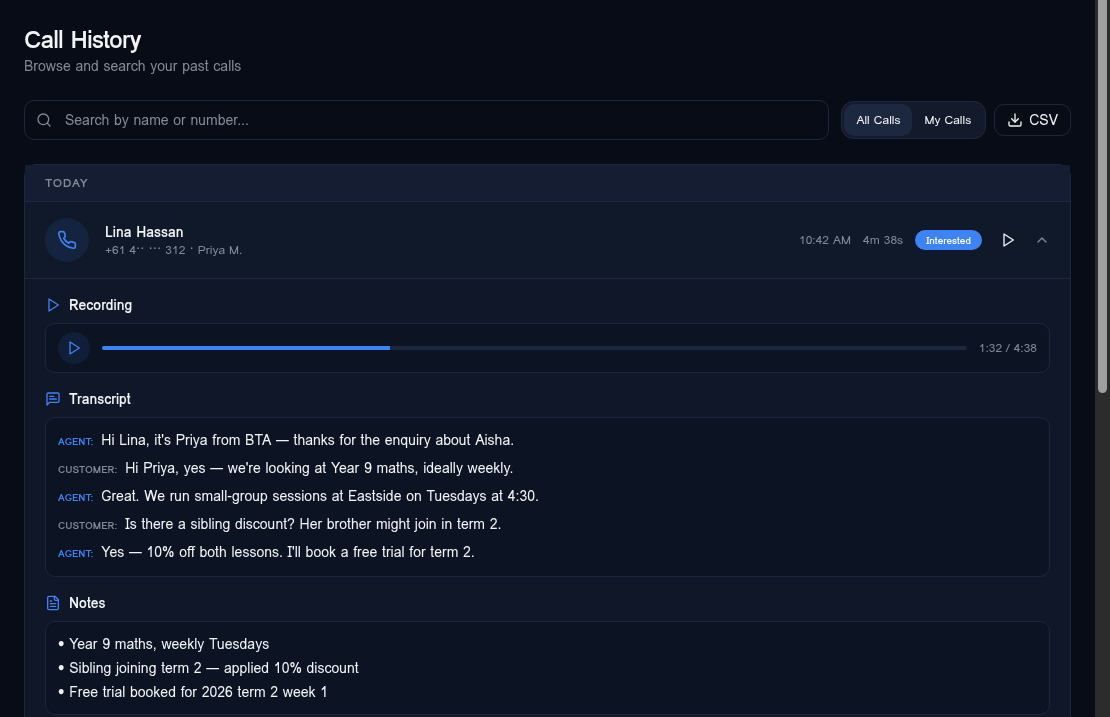 Call history with recording, transcript and notes for a recent call