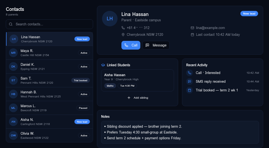 Contacts list and parent detail with recent call and SMS activity