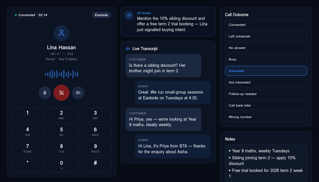 BTA Call Centre dialer with live transcript and AI assist