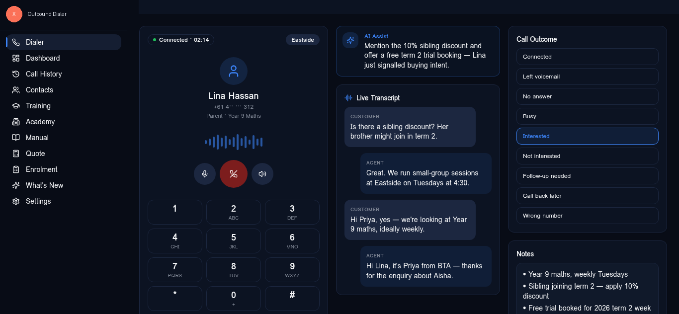 BTA Call Centre dialer with sidebar navigation, live transcript and AI assist