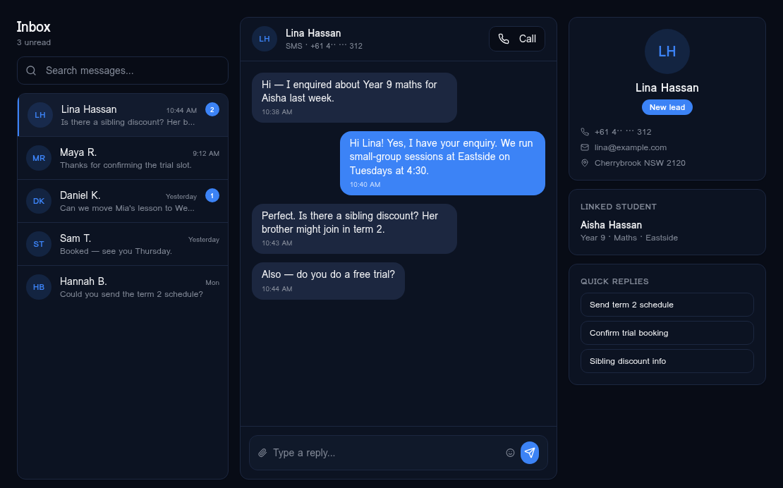 Three-column SMS inbox with thread list, conversation and contact sidebar