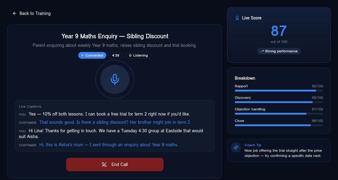 Training simulator mid-roleplay with live captions and an 87/100 score